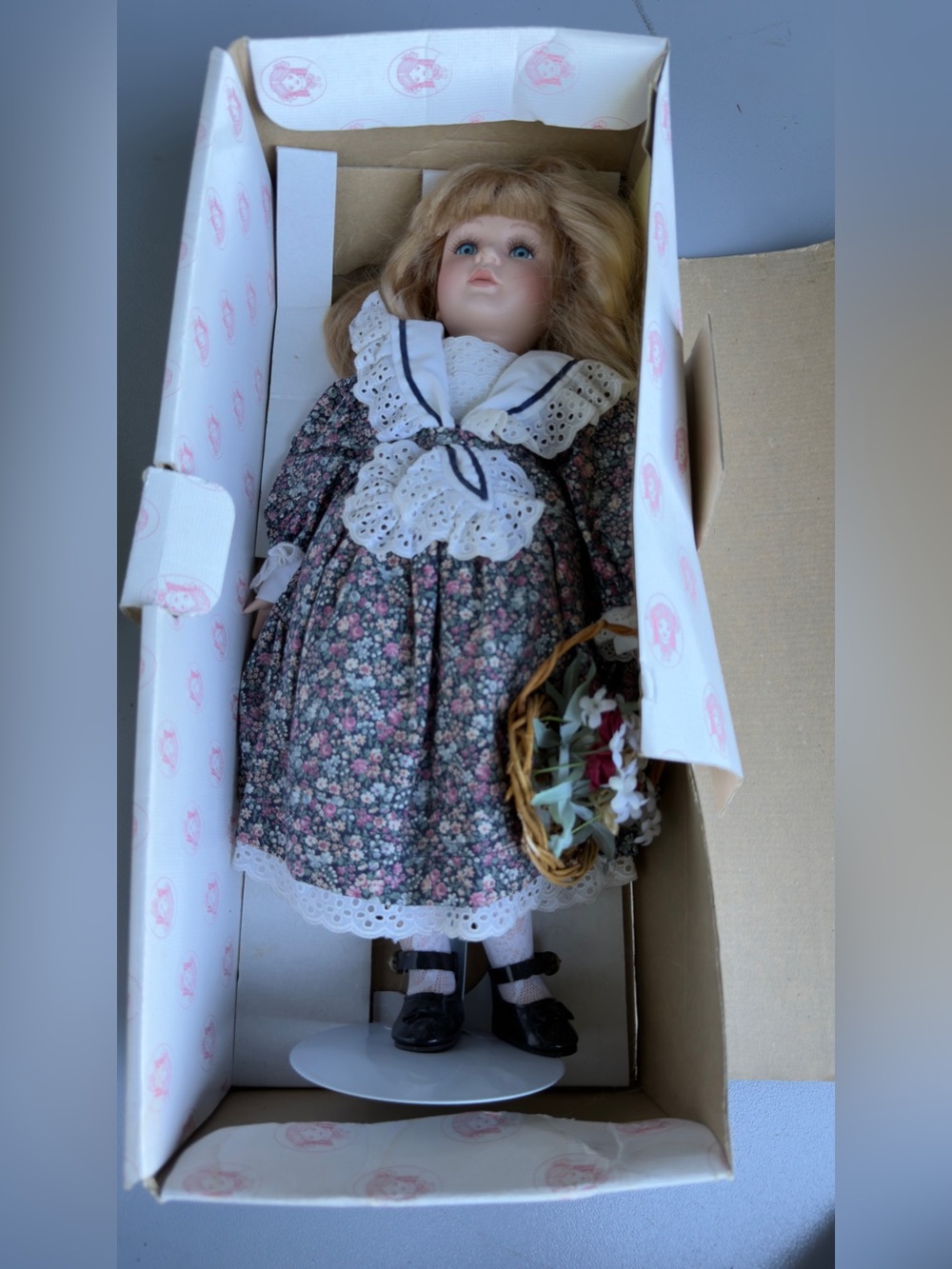 Vintage Porcelain Collectible Doll – Design Bout – Floral Dress – Original Box